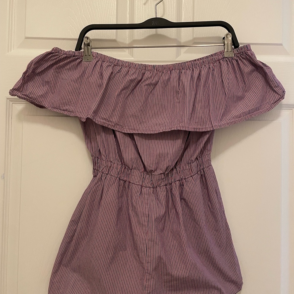Lucca Couture Purple Striped Off-Shoulder Jumpsuit